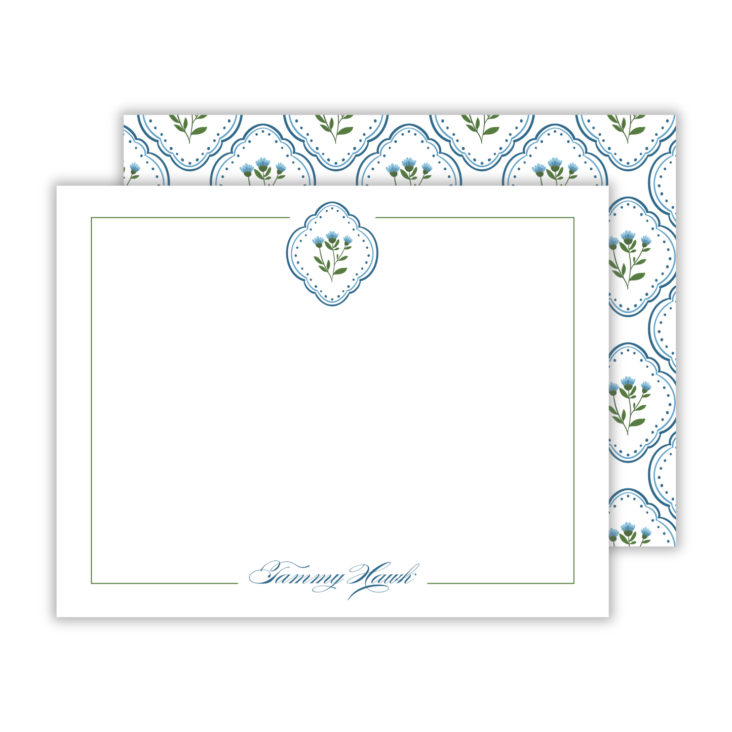 personalized floral stationery, blue green, patterned back ShooFly Paper Co.