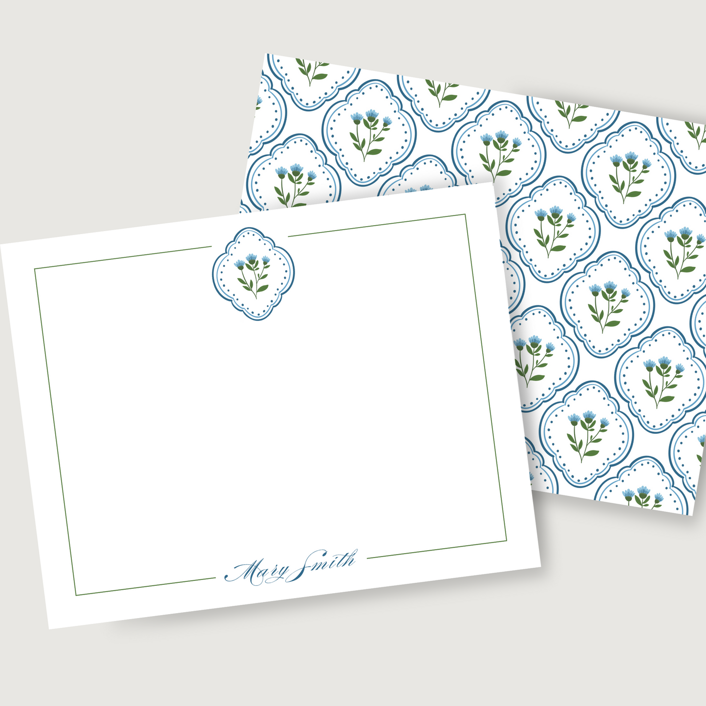 personalized floral stationery, blue green, patterned back ShooFly Paper Co.