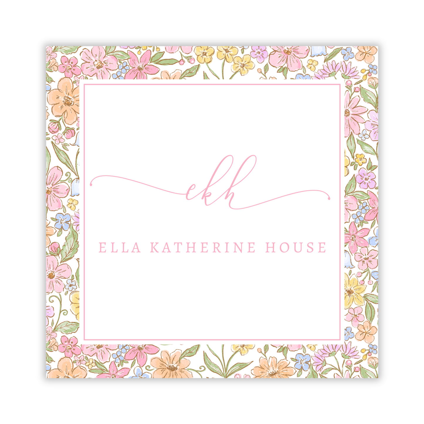personalized gift tag for girl, womens monogram gift tag, floral border with script initial and name, ShooFly Paper Co. Auburn, Alabama