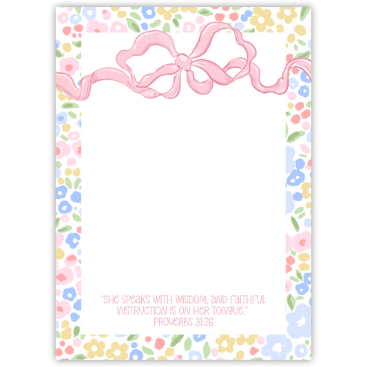 notepad with floral border & pink bow; ShooFly Paper Co. Auburn, Alabama