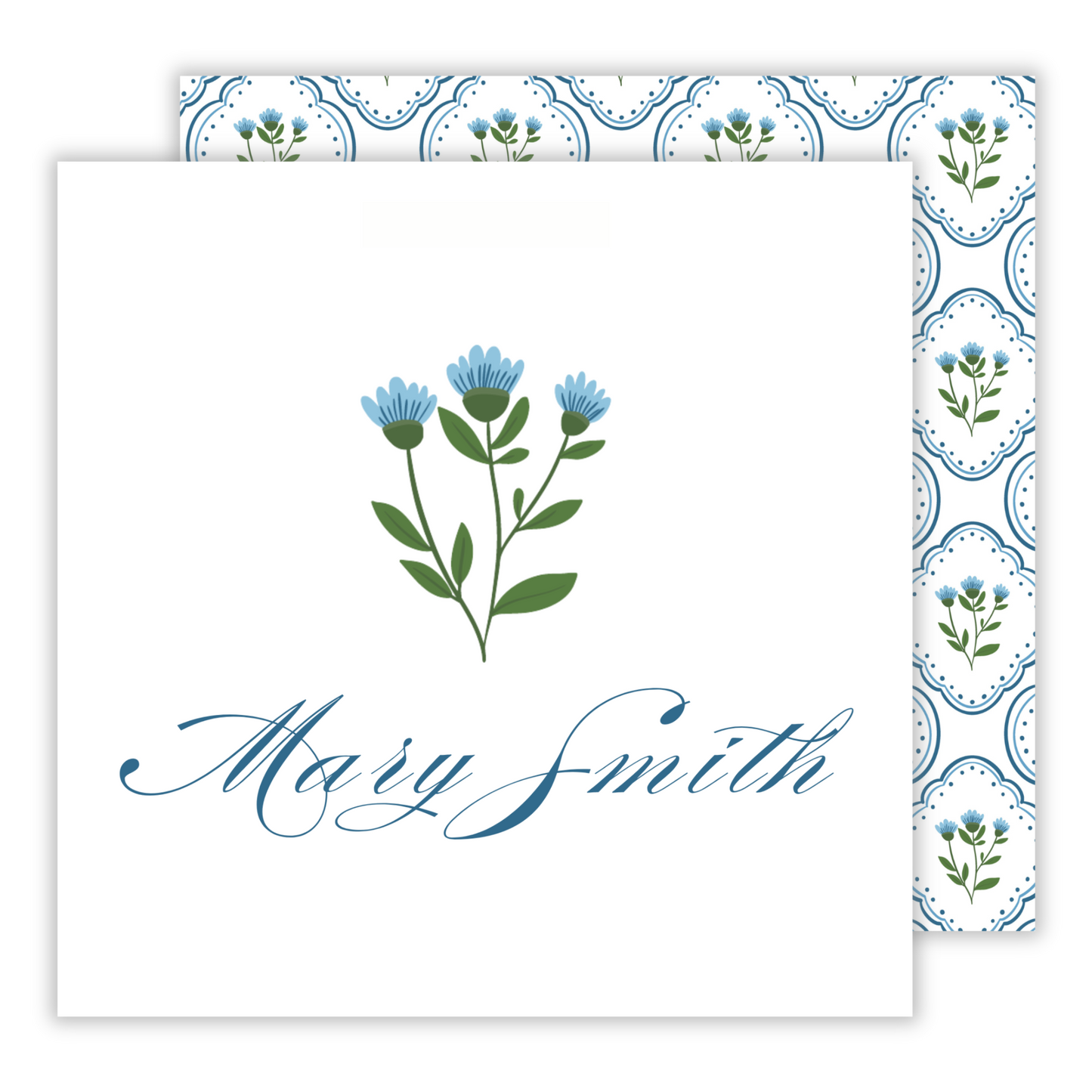 personalized gift tag for women with blue and green elegant floral scallop pattern and script name, ShooFly Paper Co. Auburn, Alabama