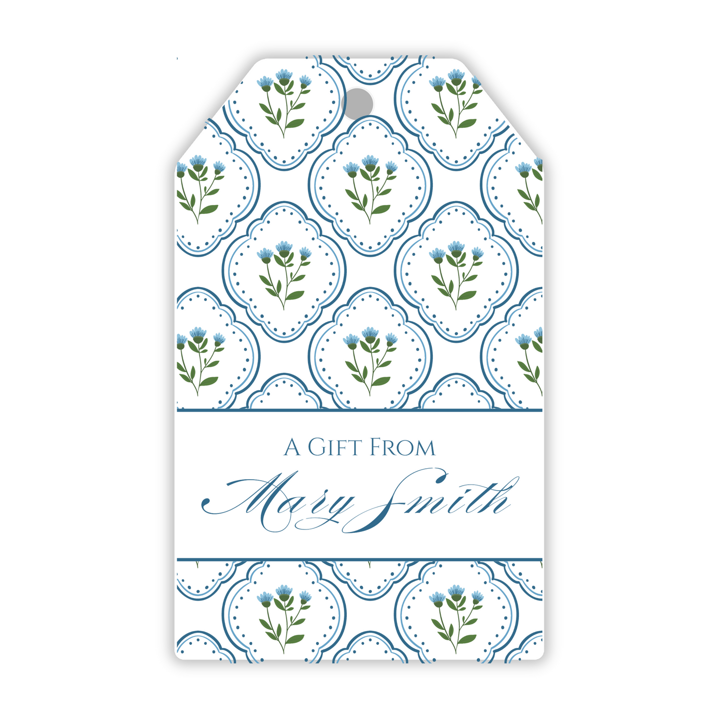 personalized gift tag, hanging gift tag with elegant floral scallop pattern and classic script name, ShooFly Paper Co. Auburn, Alabama