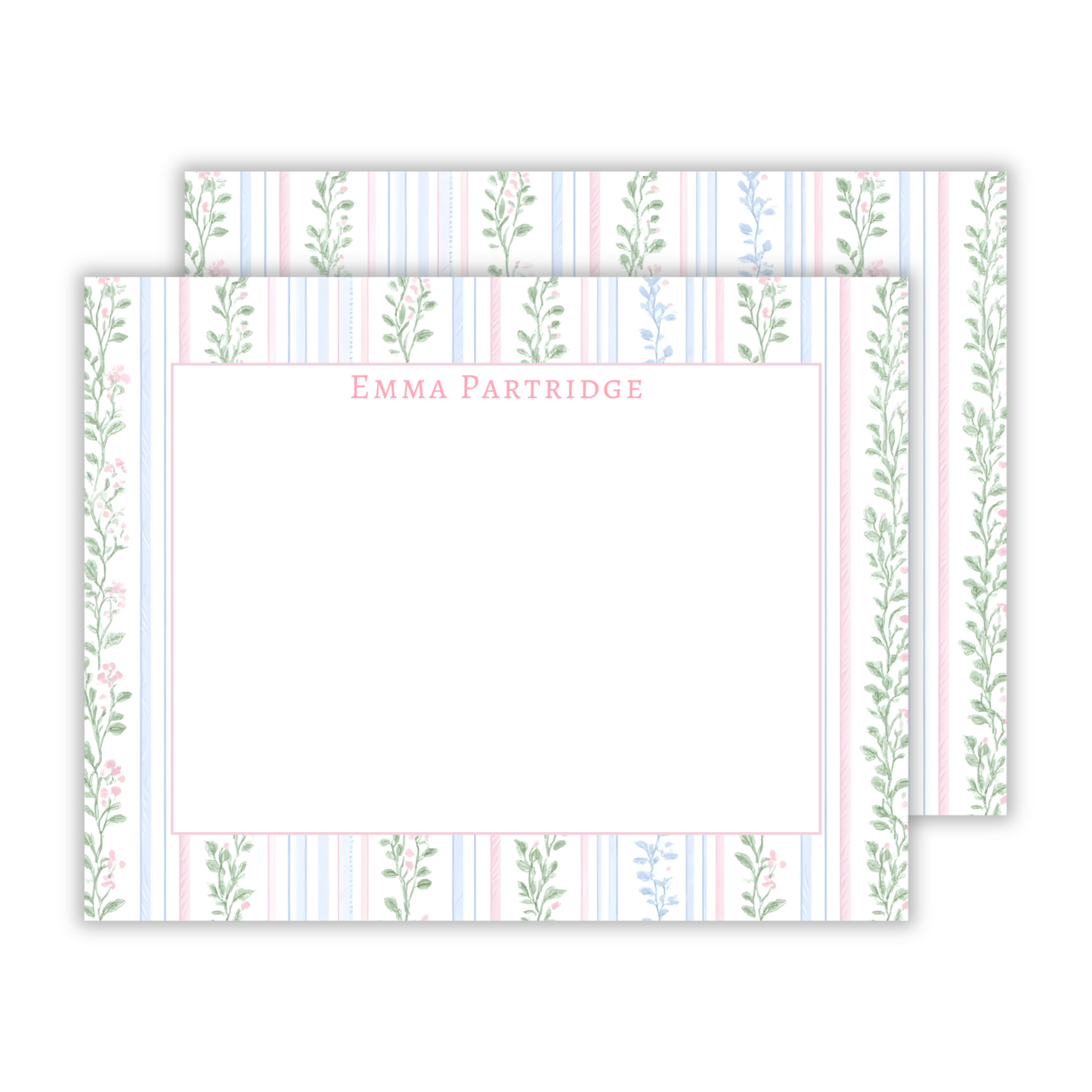 personalized notecard set with floral stripe background, ShooFly Paper Co. Auburn, Alabama