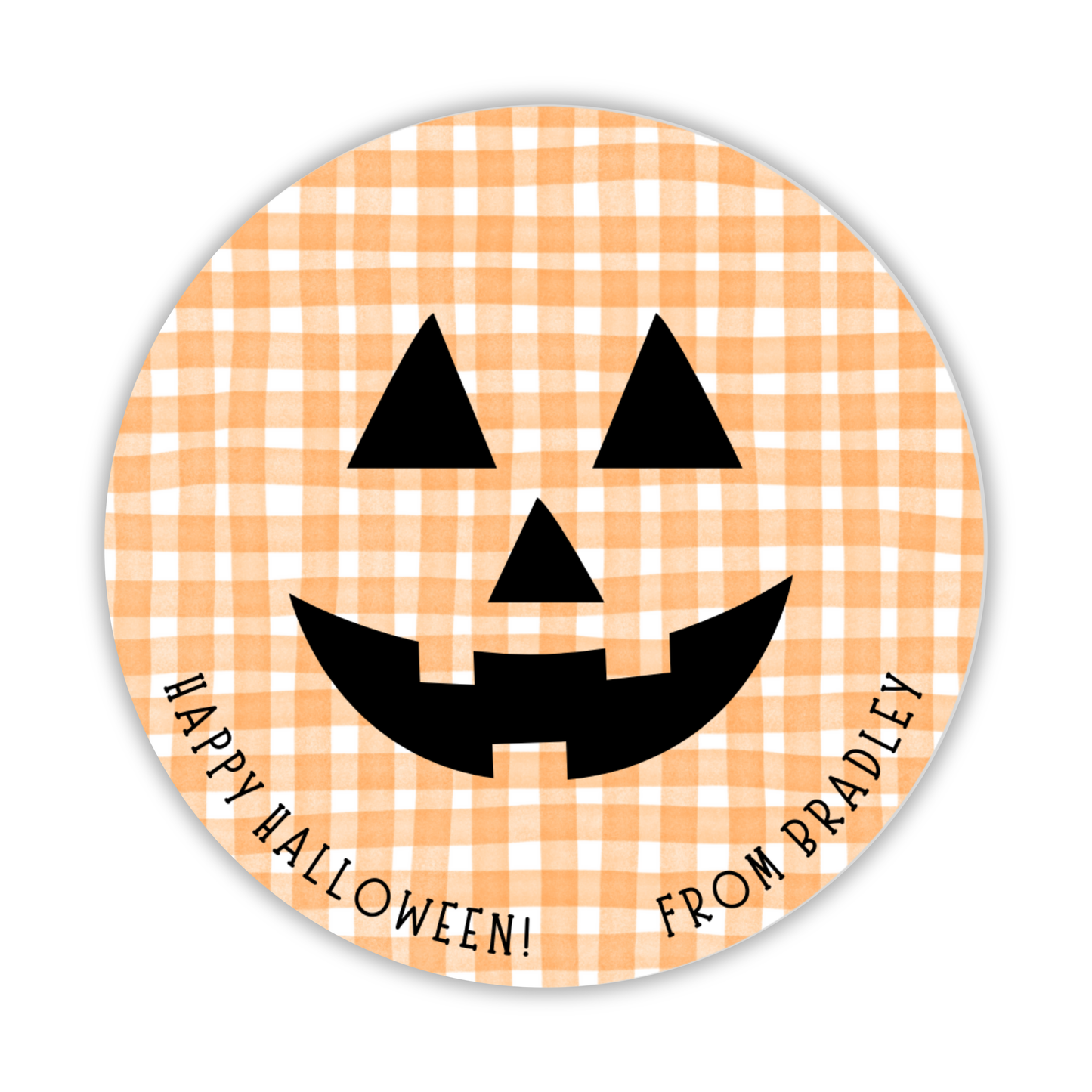 round orange gingham gift tag with jack o lantern face; ShooFly Paper Co. Auburn, Alabama