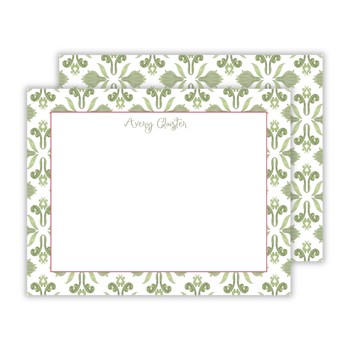 personalized notecard set with green watercolor block print pattern, ShooFly Paper Co. Auburn, Alabama