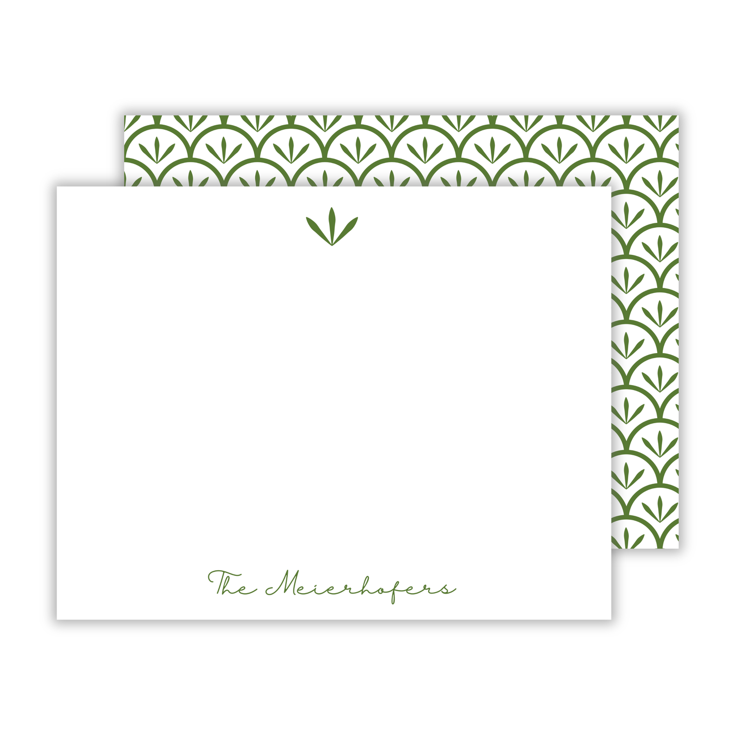 personalized notecard set with green scallop pattern, ShooFly Paper Co. Auburn, Alabama