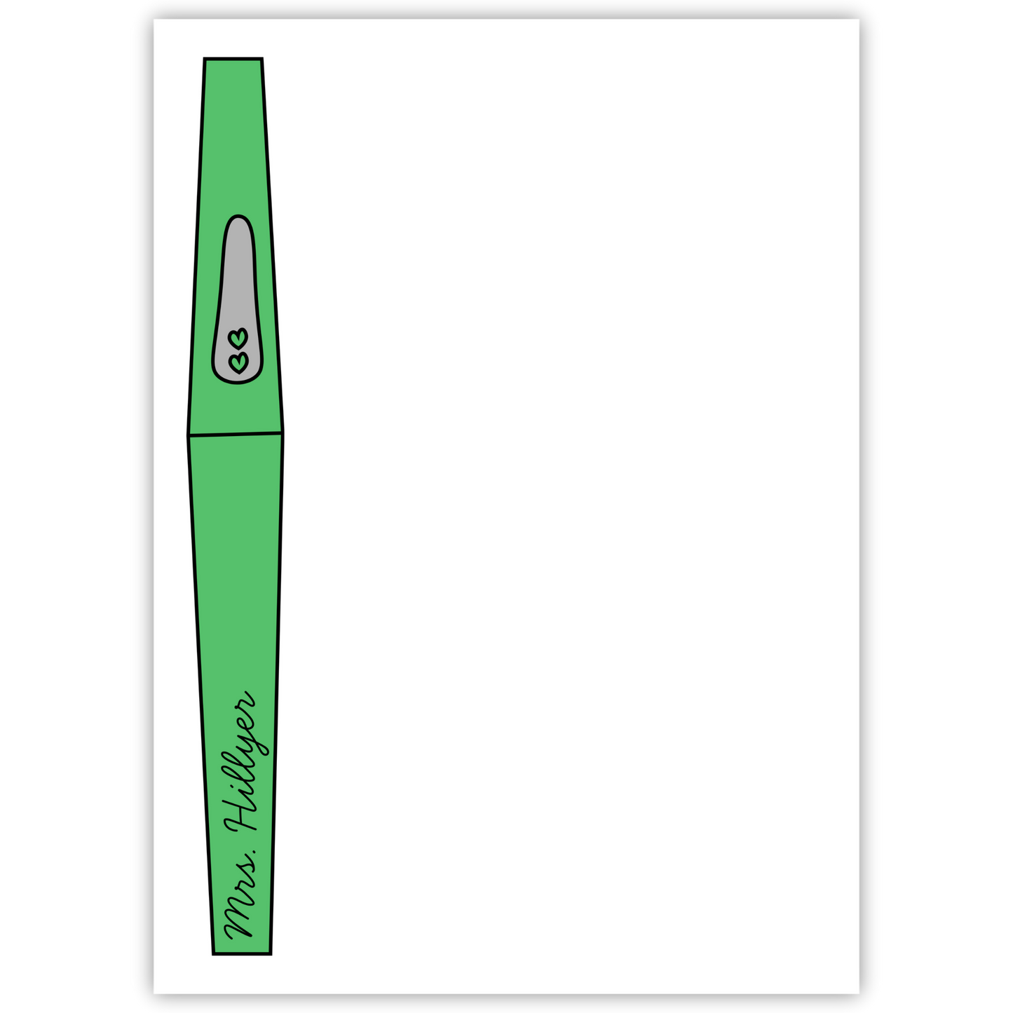 personalized notepad with green flair pen; ShooFly Paper Co. Auburn, Alabama