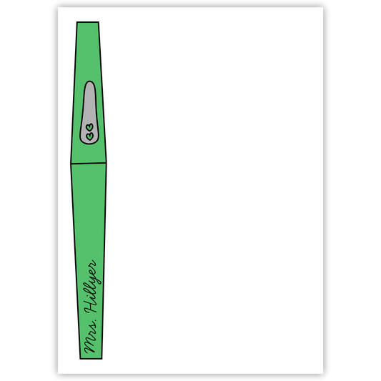 personalized notepad with green flair pen; ShooFly Paper Co. Auburn, Alabama
