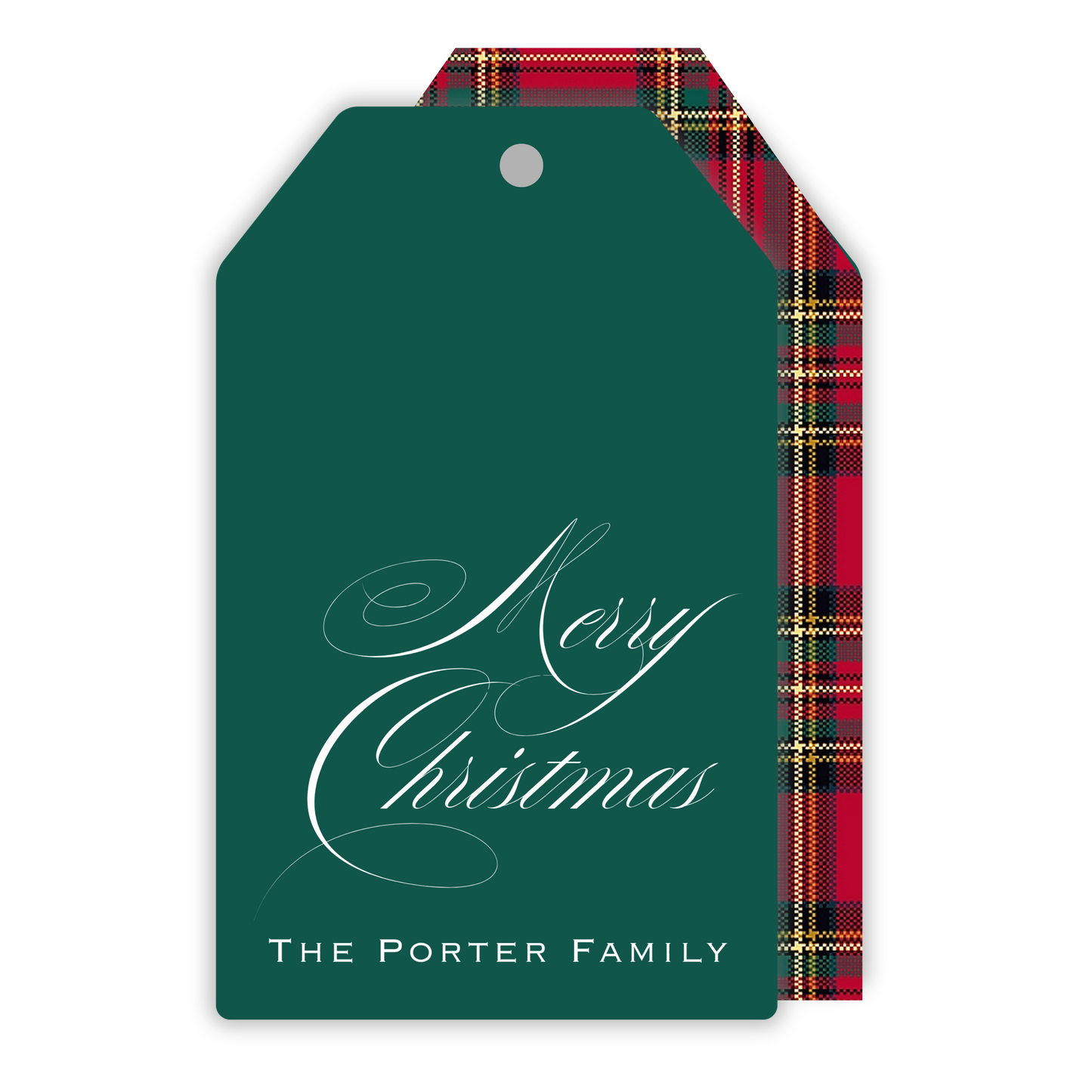 personalized christmas gift tag with tartan plaid back & merry christmas, ShooFly Paper Co. Auburn, Alabama