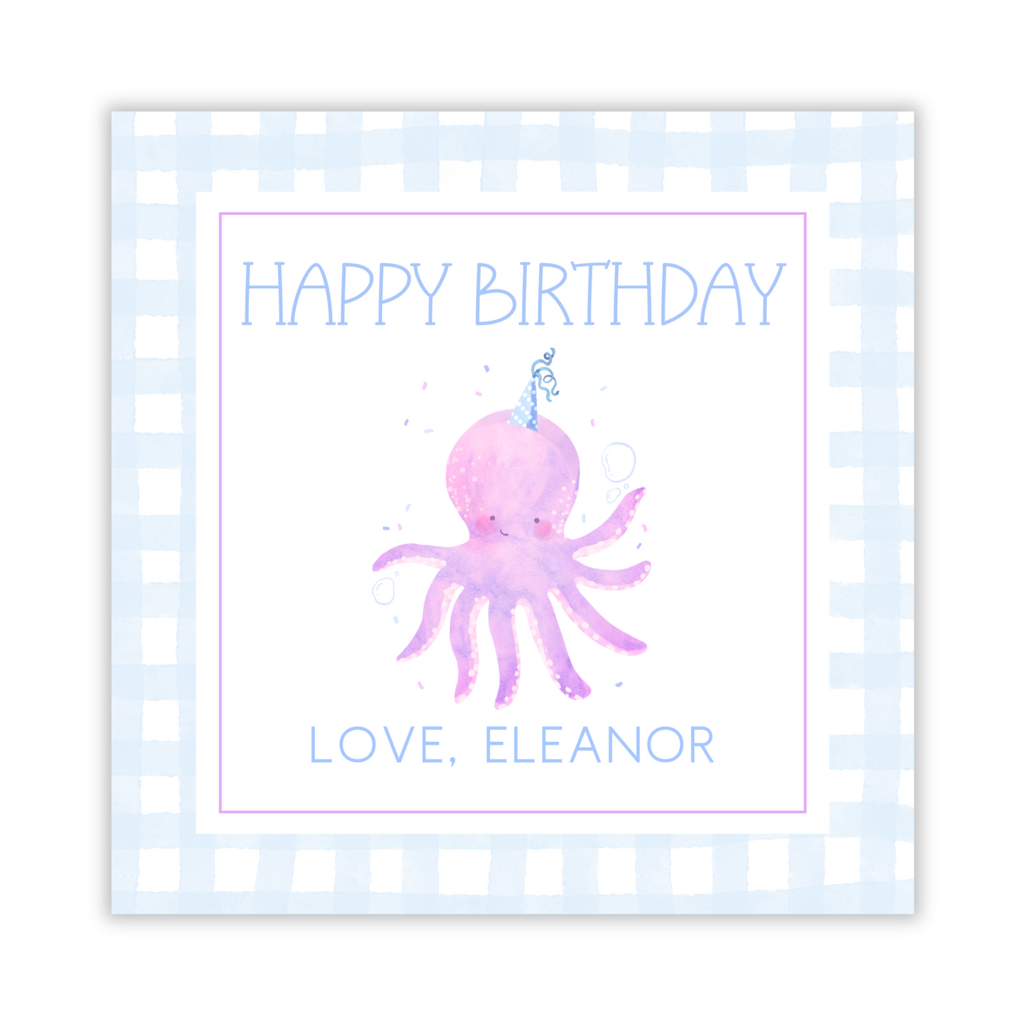square gift tag with watercolor octopus wearing a birthday hat, ShooFly Paper Co. Auburn, Alabama