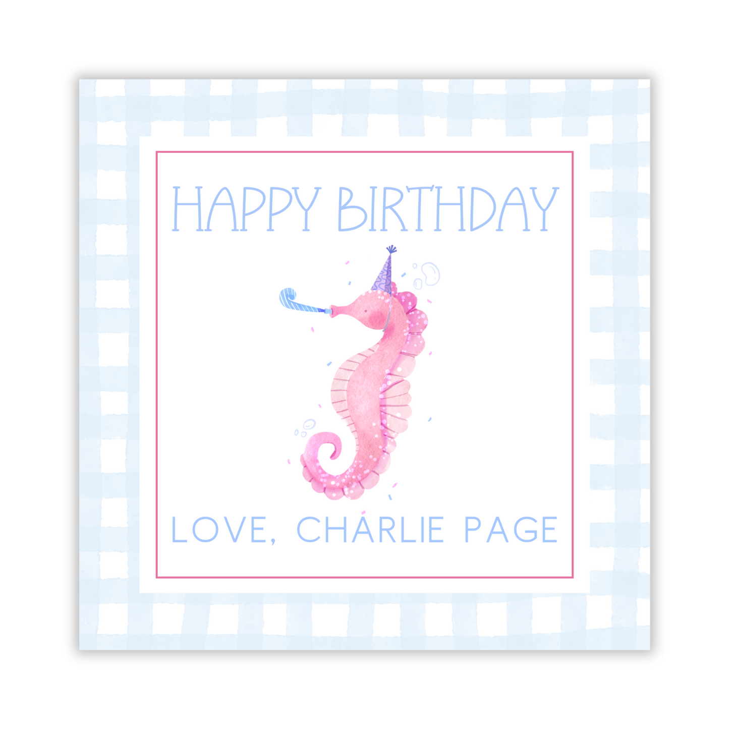 square gift tag with watercolor seahorse wearing a birthday hat, ShooFly Paper Co. Auburn, Alabama