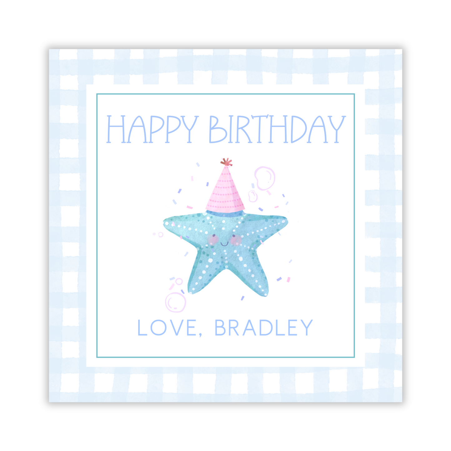 square gift tag with watercolor starfish wearing a birthday hat, ShooFly Paper Co. Auburn, Alabama