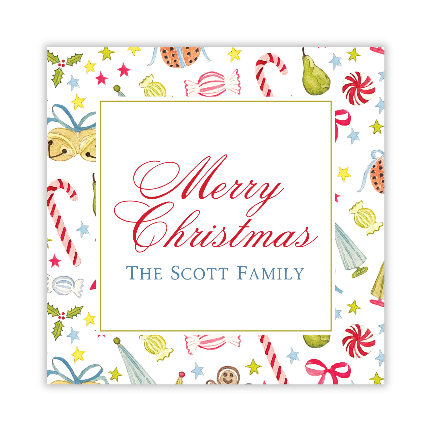 personalized christmas gift tag with watercolor christmas pattern, ShooFly Paper Co. Auburn, Alabama