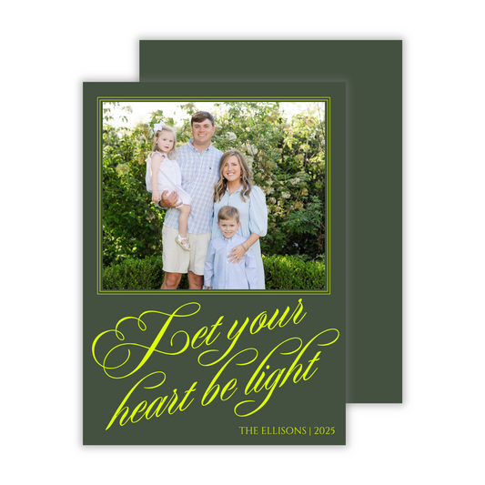 personalized photo christmas card with scroll text and let your heart be light text, ShooFly Paper Co. Auburn, Alabama