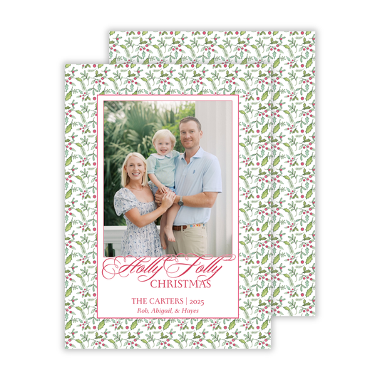 elegant photo Christmas card with festive traditional holly & berries background, ShooFly Paper Co. Auburn, Alabama
