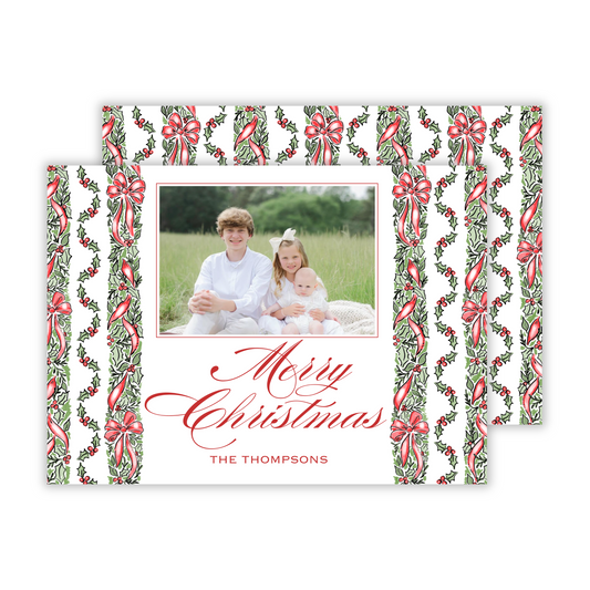 photo christmas card with red and green holly and bow stripe pattern, ShooFly Paper Co. Auburn, Alabama