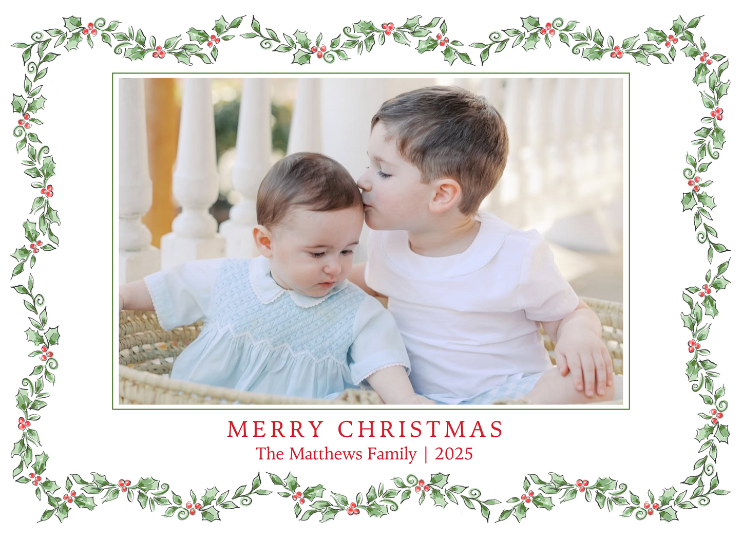 classic Christmas card with watercolor holly border, ShooFly Paper Co. Auburn, Alabama