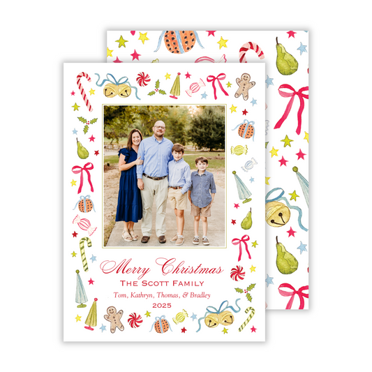 personalized christmas card with festive watercolor christmas theme, ShooFly Paper Co. Auburn, Alabama