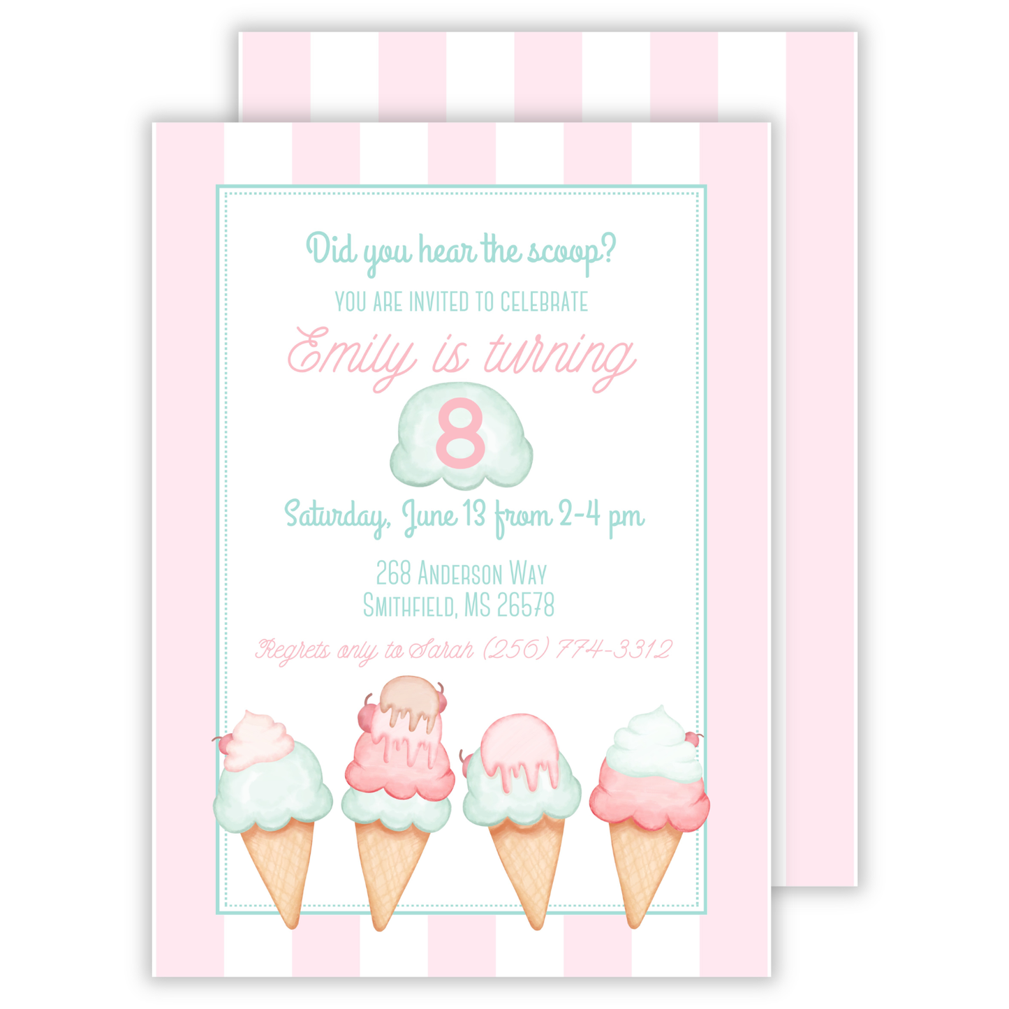 personalized birthday party invitation for ice cream themed party, ShooFly Paper Co. Auburn, Alabama