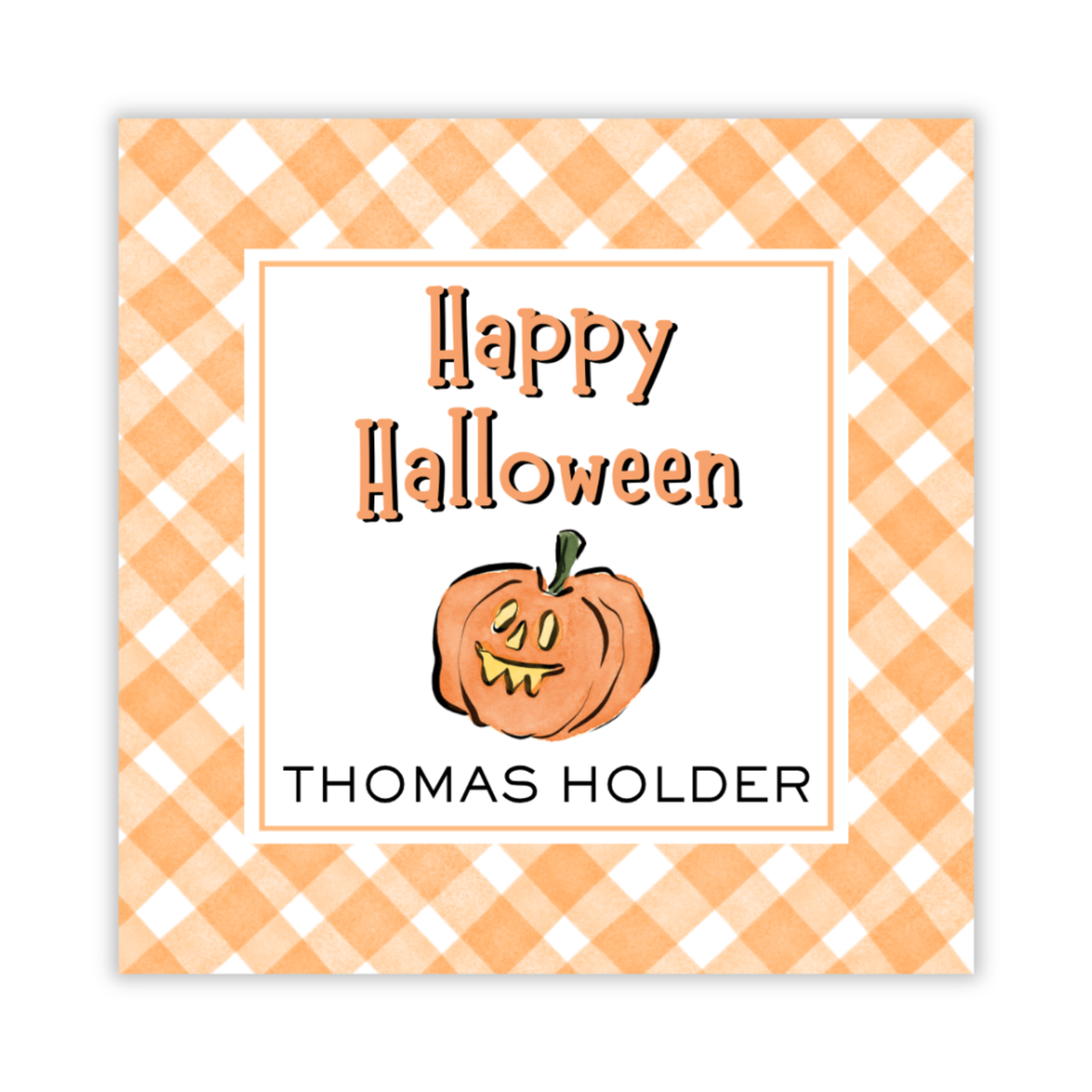 personalized gift tag with drawn jack-o-lantern, ShooFly Paper Co. Auburn, Alabama