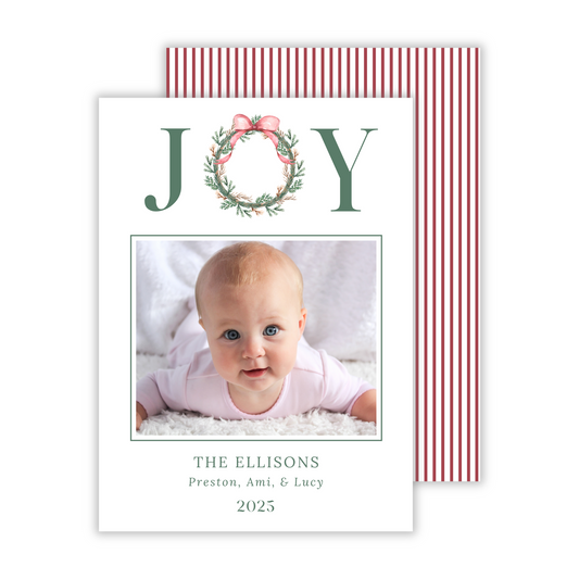 minimalist photo christmas card with JOY and bow wreath, ShooFly Paper Co. Auburn, Alabama
