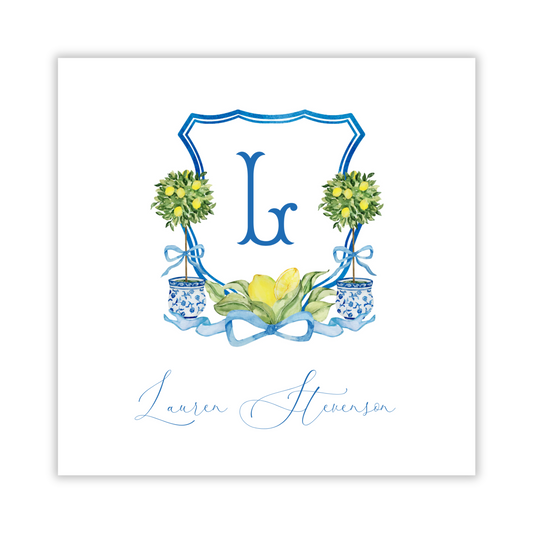 personalized gift tag with lemon chinoiserie, ShooFly Paper Co. Auburn, Alabama