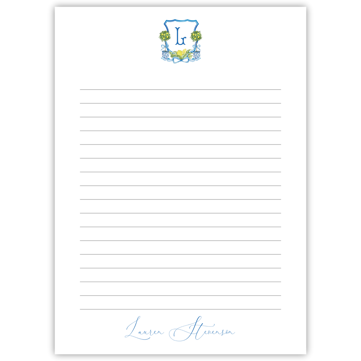 personalized notepad with lemon chinoiserie crest; ShooFly Paper Co. Auburn, Alabama