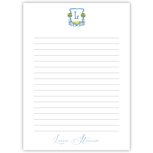 personalized notepad with lemon chinoiserie crest; ShooFly Paper Co. Auburn, Alabama