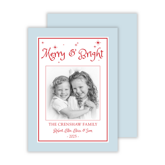 whimsical photo christmas card with merry and bright text and stars, ShooFly Paper Co. Auburn, Alabama