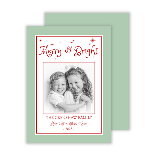 whimsical photo christmas card with merry and bright text and stars, ShooFly Paper Co. Auburn, Alabama