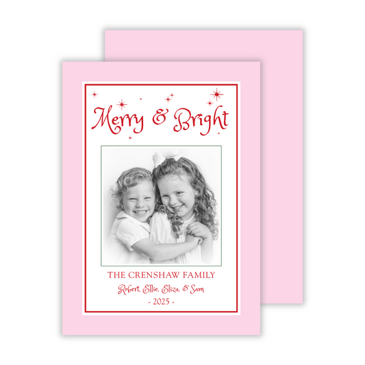 whimsical photo christmas card with with merry & bright and stars in pink and red, ShooFly Paper Co. Auburn, Alabama