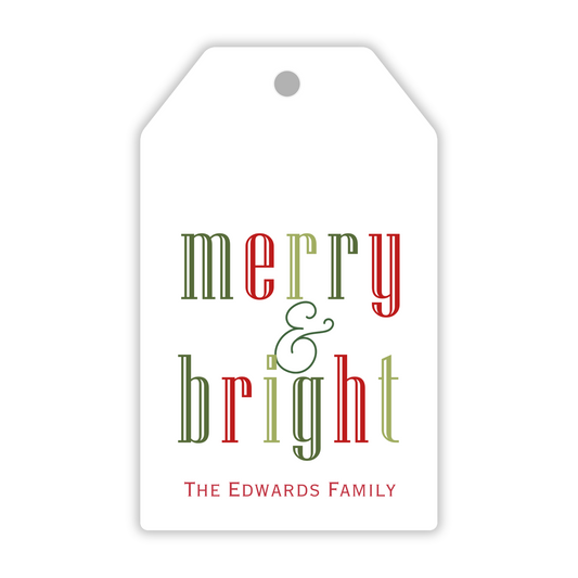 personalized christmas gift tag with merry & bright in christmas colors, ShooFly Paper Co. Auburn, Alabama