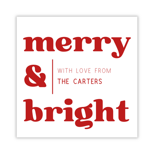 personalized square Christmas gift tag with merry & bright in red; ShooFly Paper Co. Auburn, Alabama