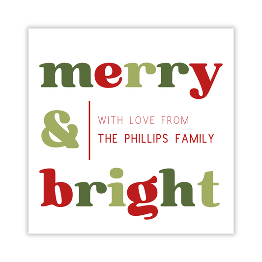personalized square Christmas gift tag with merry & bright in christmas colors, ShooFly Paper Co. Auburn, Alabama