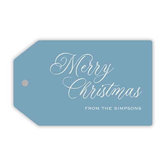 personalized cornflower blue hanging gift tag with merry christmas, ShooFly Paper Co. Auburn, Alabama