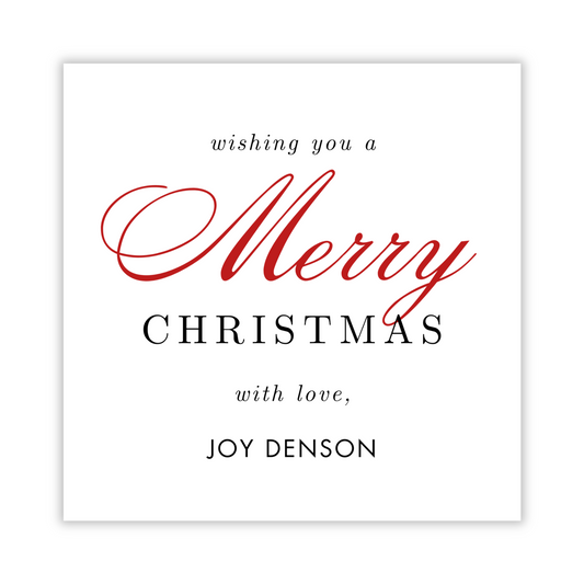 personalized square gift tag with merry christmas in a script & serif combo font, ShooFly Paper Co. Auburn, Alabama