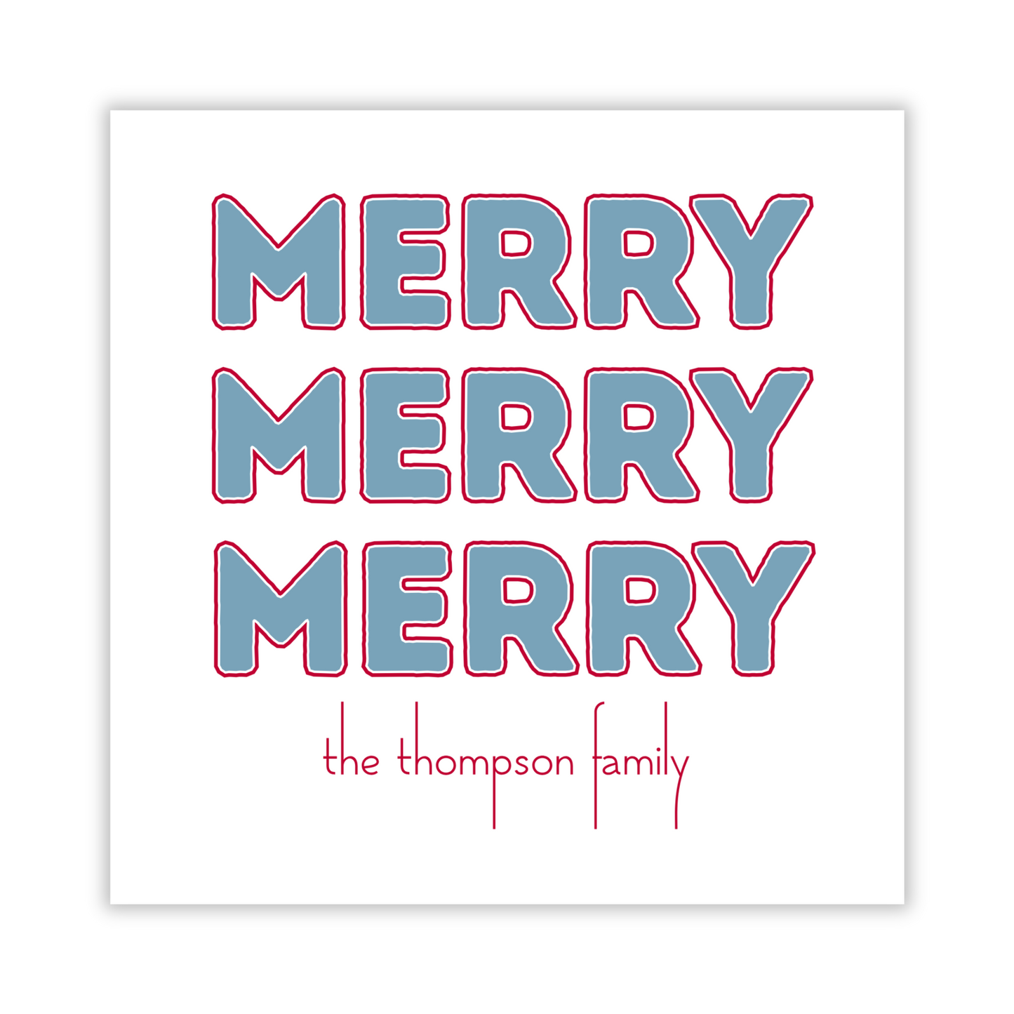 personalize nontraditional Christmas gift tag with outlined Merry trio and name, ShooFly Paper Co. Auburn, Alabama