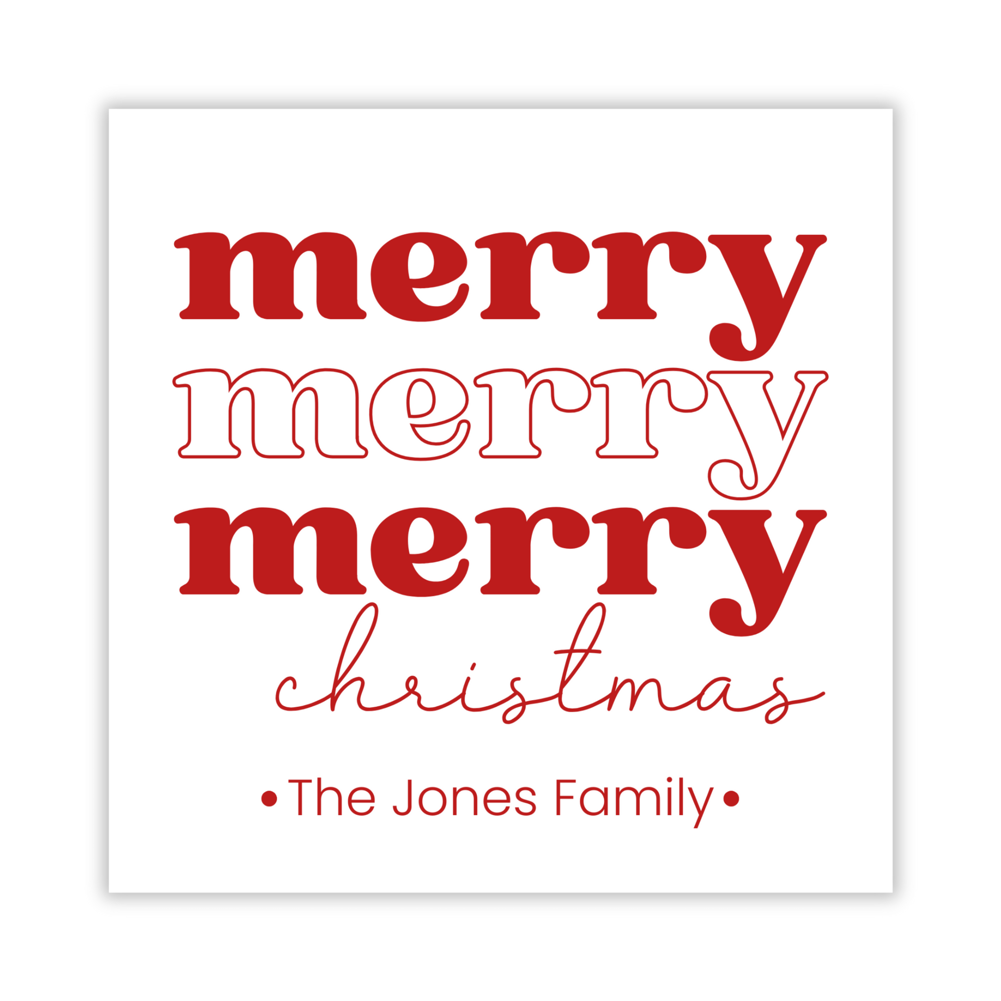 personalized Christmas gift tag with merry merry merry trio and name, ShooFly Paper Co. Auburn, Alabama
