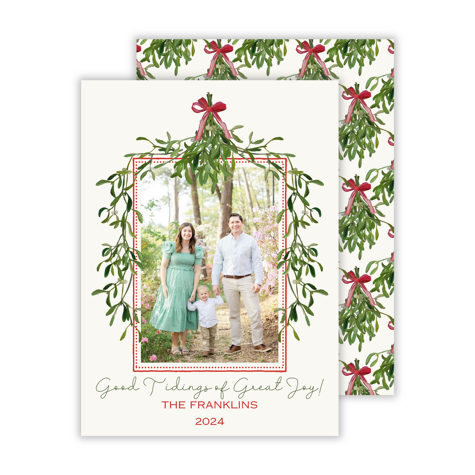 photo christmas card with red & green mistletoe frame and mistletoe bundles bouquets, ShooFly Paper Co. Auburn, Alabama