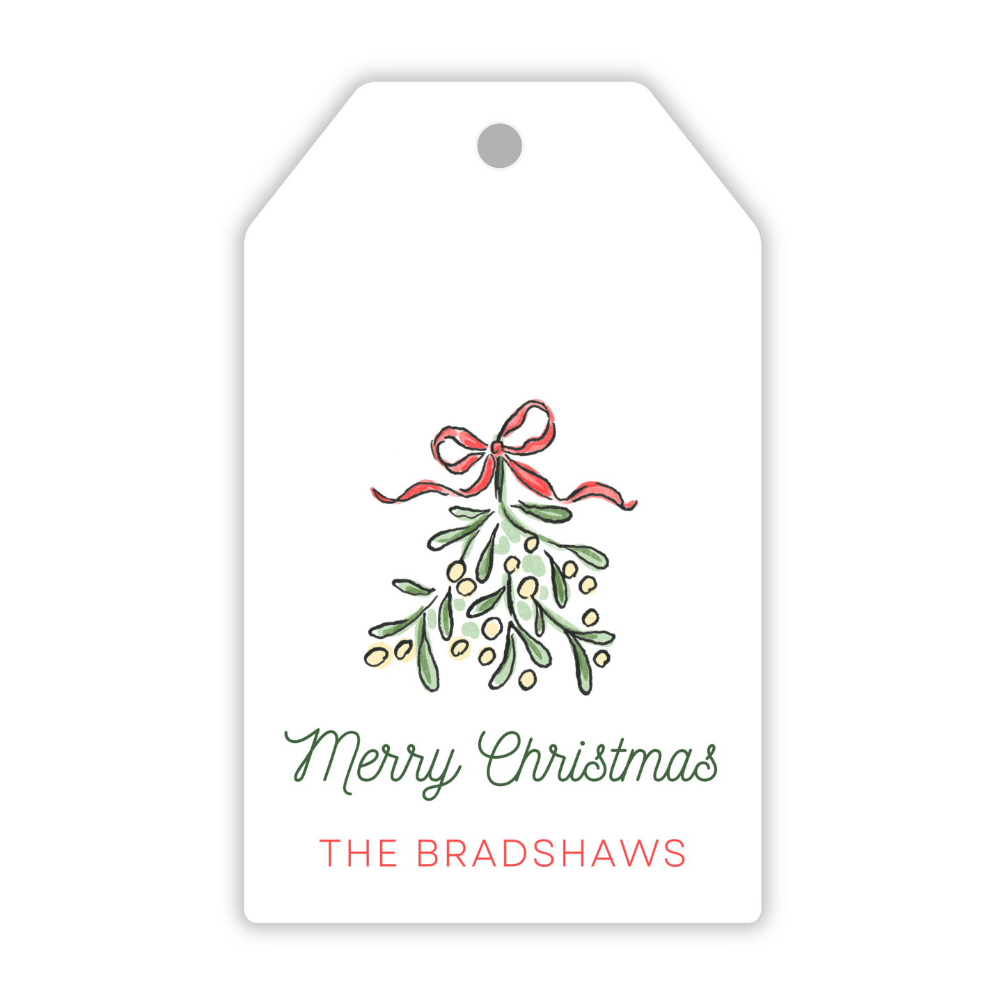 personalized Christmas hanging gift tag with watercolor mistletoe, ShooFly Paper Co. Auburn, Alabama