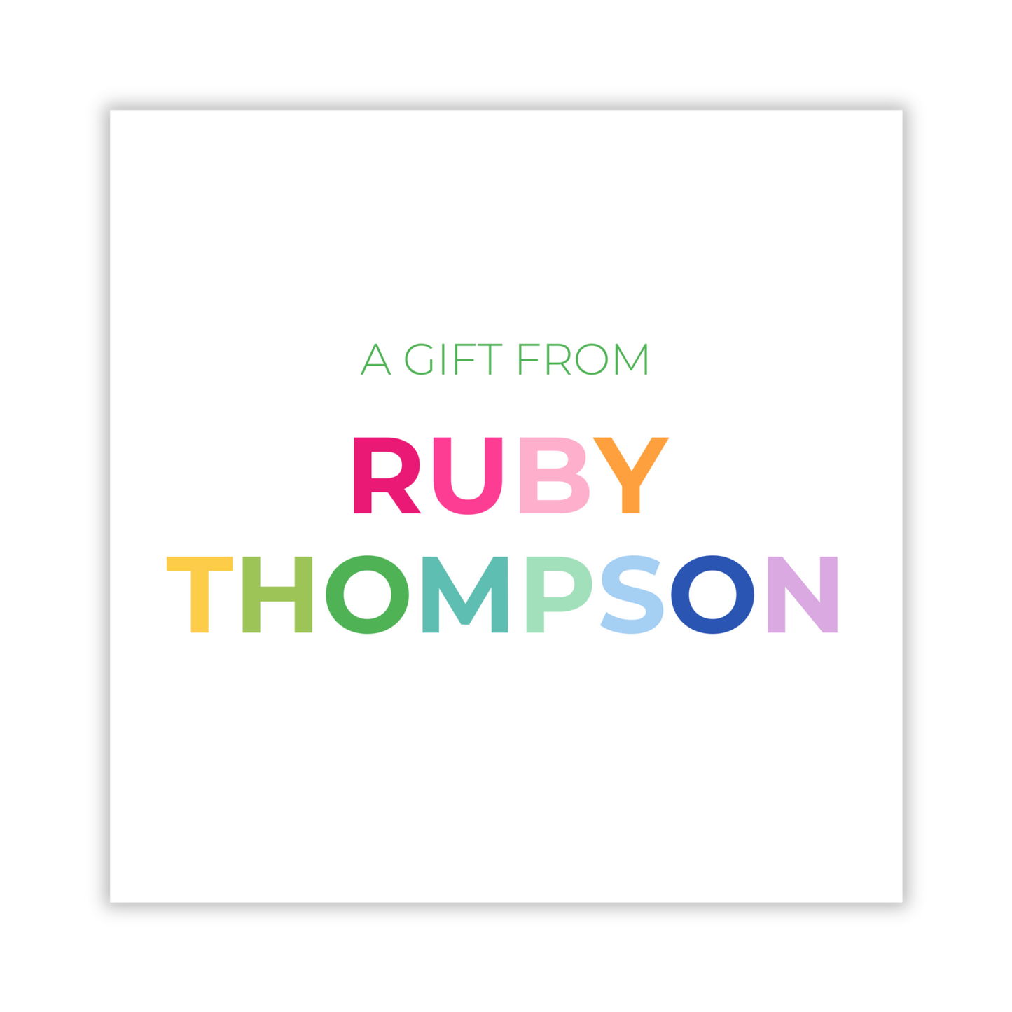 personalized gift tag with bright colors colorblock name, custom gift tag, ShooFly Paper Co. Auburn, Alabama