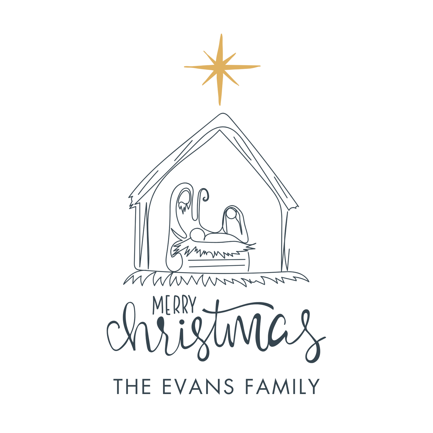 Christmas gift tag with sketch nativity & yellow star, ShooFly Paper Co. Auburn, Alabama