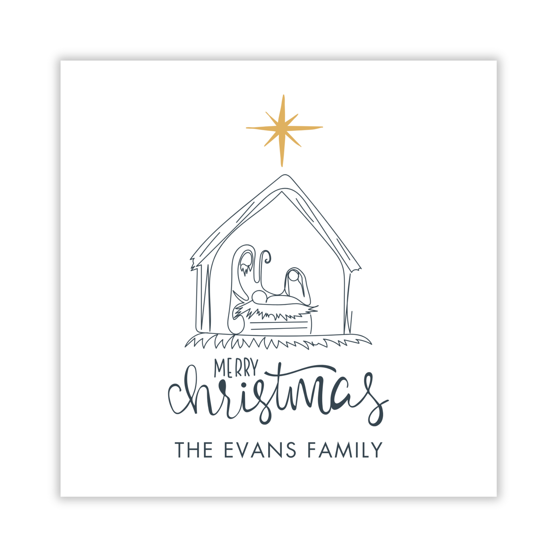 personalized gift tag with drawn nativity and gold star, ShooFly Paper Co. Auburn, Alabama