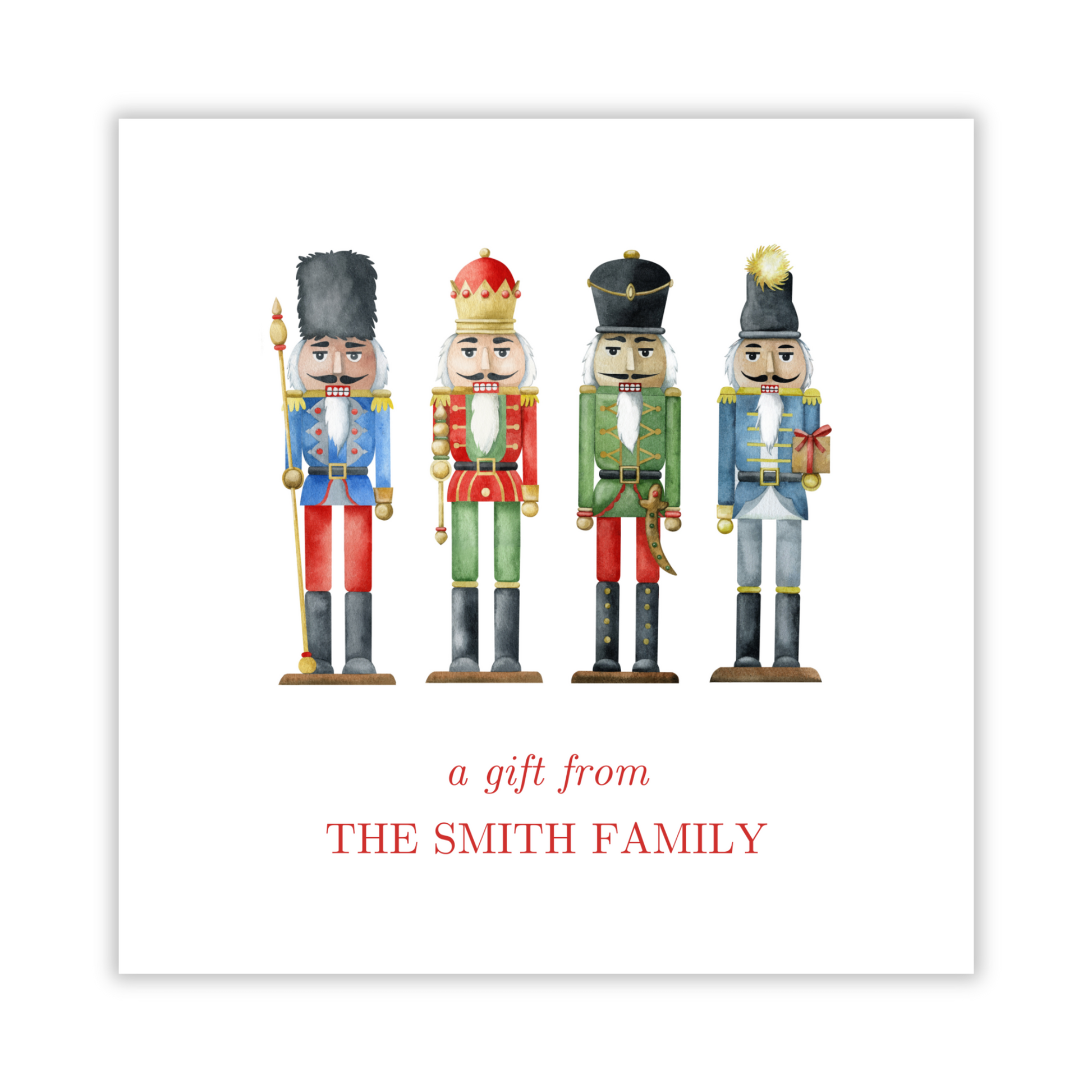 personalized christmas gift tag with four colorful nutcracker figurines with a personalized message on a white background, ShooFly Paper Co. Auburn, Alabama