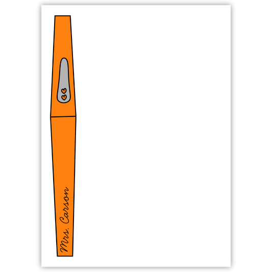 personalized notepad with orange flair pen; ShooFly Paper Co. Auburn, Alabama