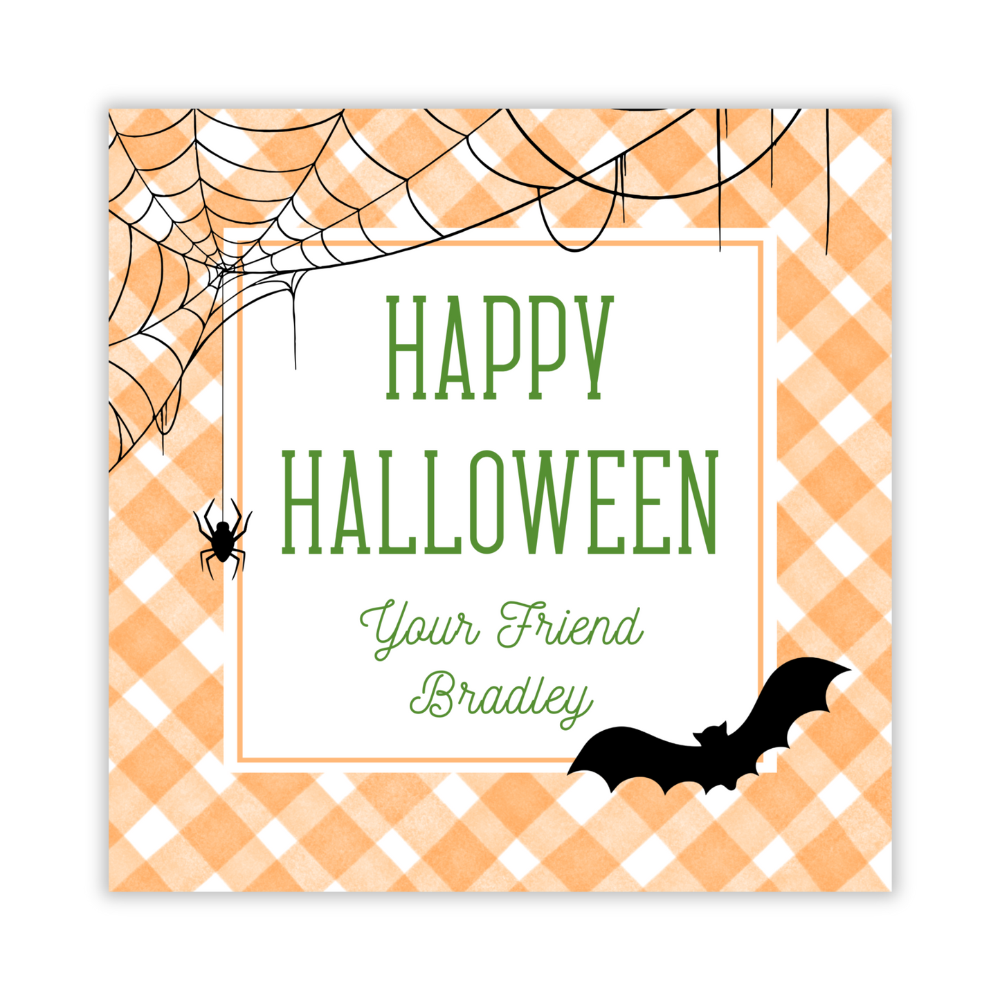 orange gingham halloween tag with spiders & bats; ShooFly Paper Co. Auburn, Alabama