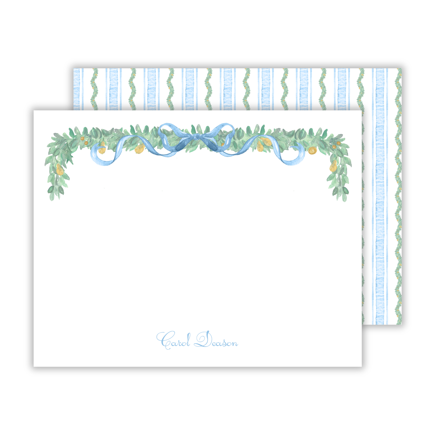 personalized notecard set with watercolor pear garland and fancy script name, ShooFly Paper Co. Auburn, Alabama