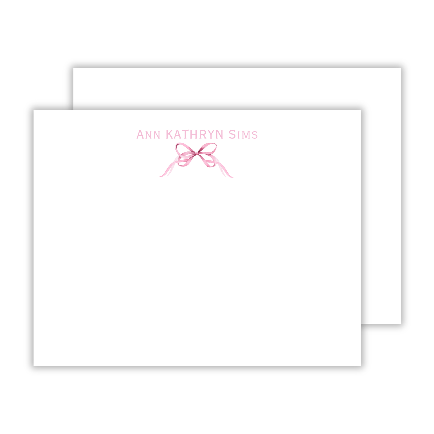 personalized notecard set with pink bow and serif font name, ShooFly Paper Co. Auburn, Alabama