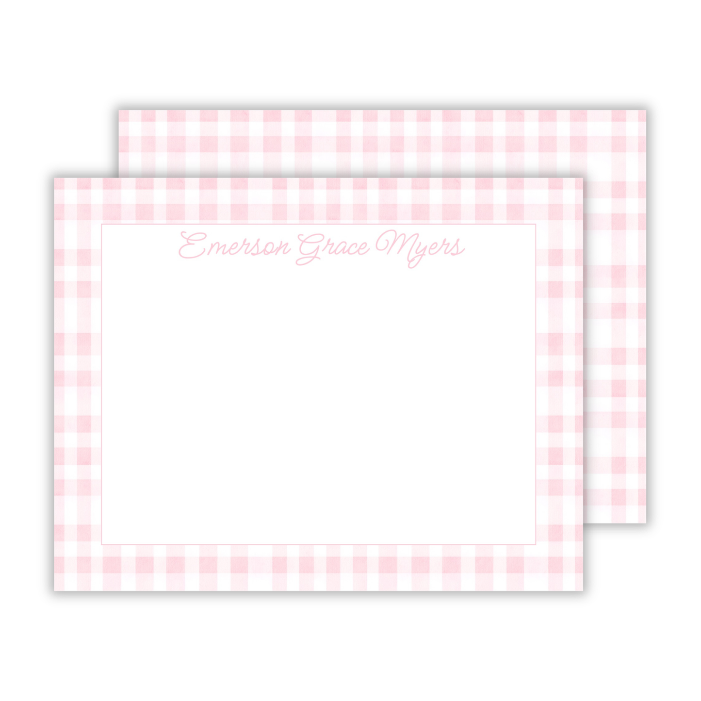 personalized notecard set with pink gingham background, ShooFly Paper Co. Auburn, Alabama