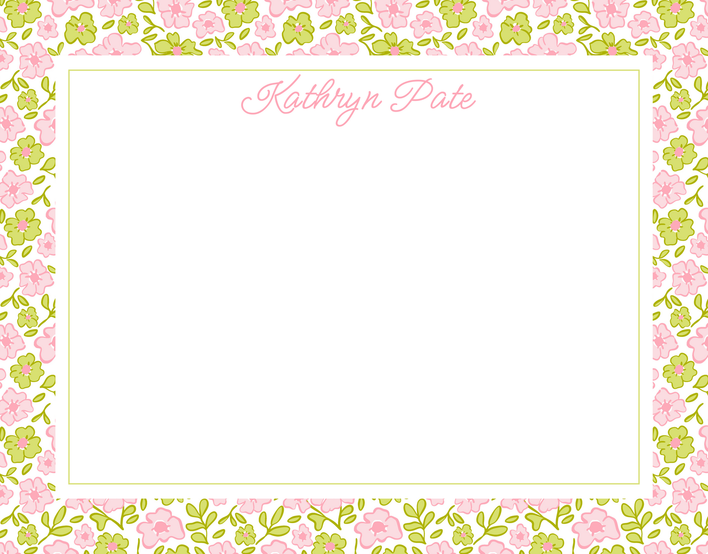 floral notecard, pink & chartreuse, script name personalized ShooFly Paper Co.